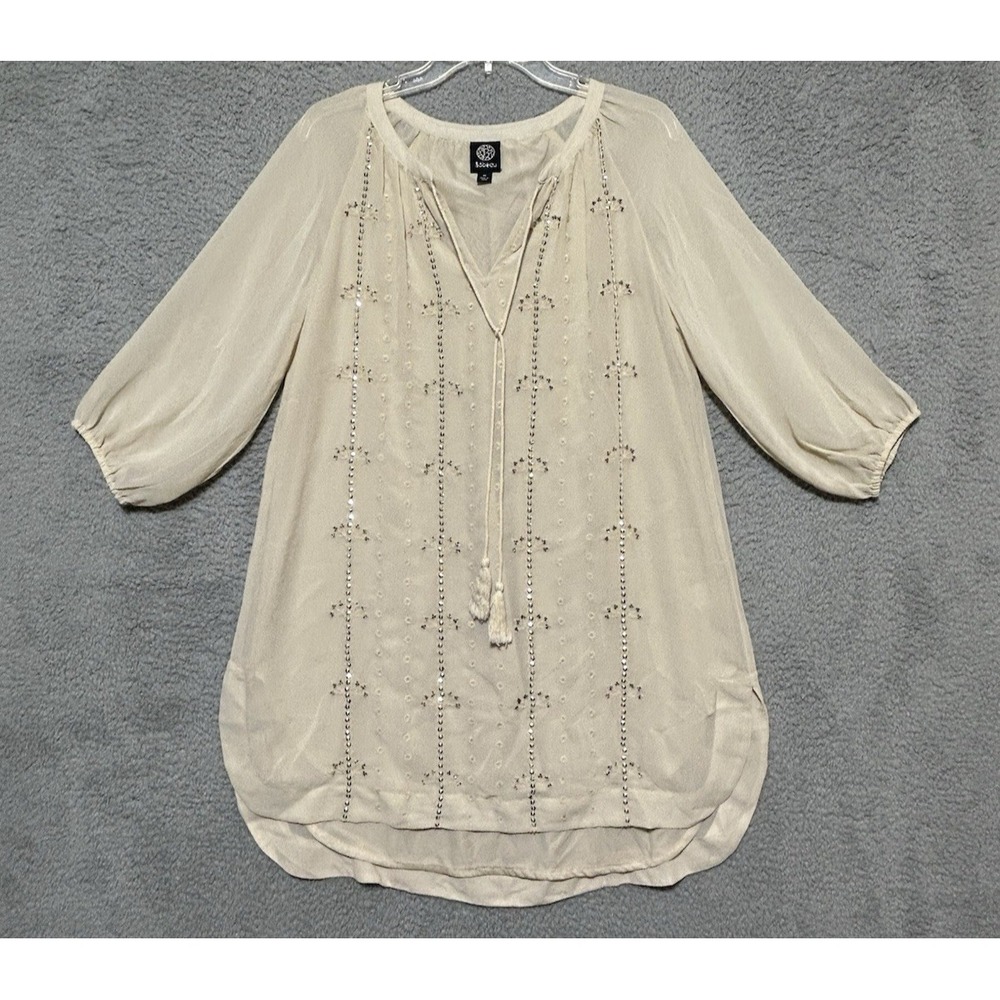 Bobeau Shirt Beige Lace Sheer Trim Tassel Tunic Top Medium 3/4 Sleeve Boho